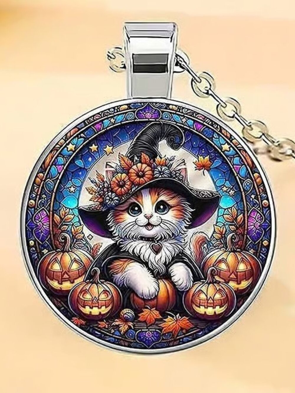 Silver HALLOWEEN CAT Glass Cabochon Pendant Necklace